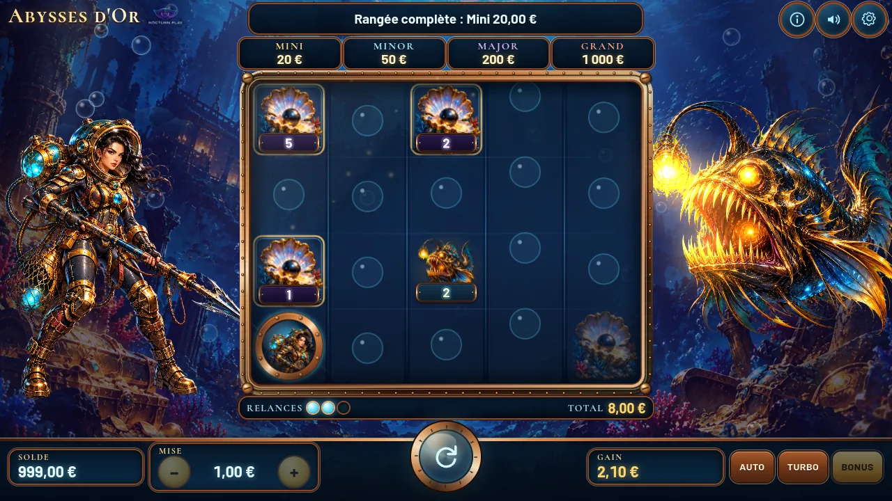 Hold & Win di Golden Abysses con perle bloccate e una riga completata che assegna il Mini