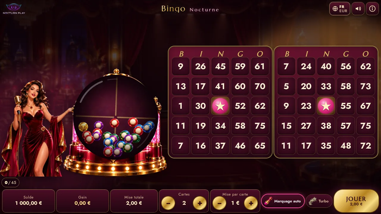 سالن شبانه Night Bingo با قفس شیشه‌ای توپ‌ها و کارت‌های بینگو 5×5