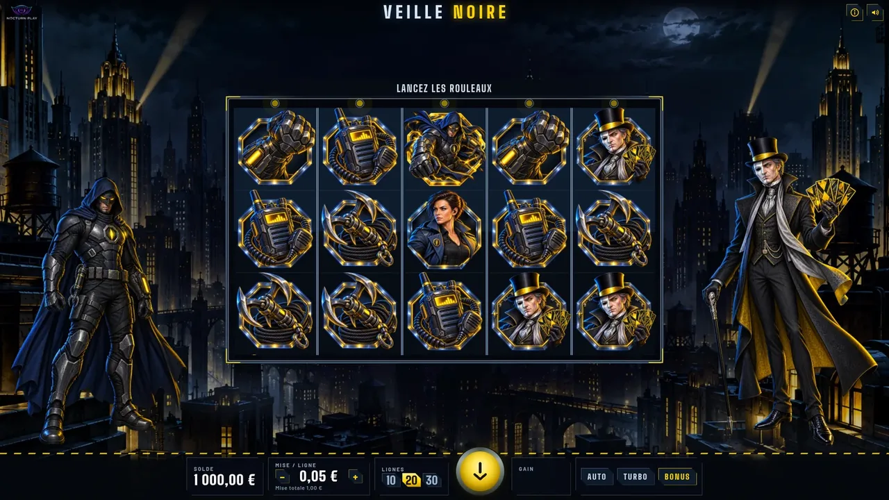 Black Vigil slot 5x3 reels in a gothic city at night