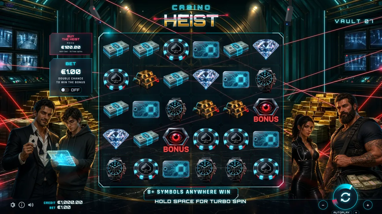 Casino Heist slot base game, 6x5 grid in the vault