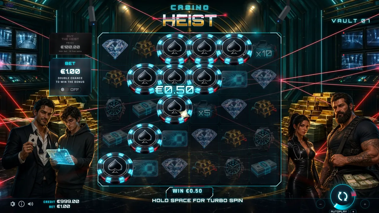 Casino Heist money bags with x5 and x10 multipliers during a tumble