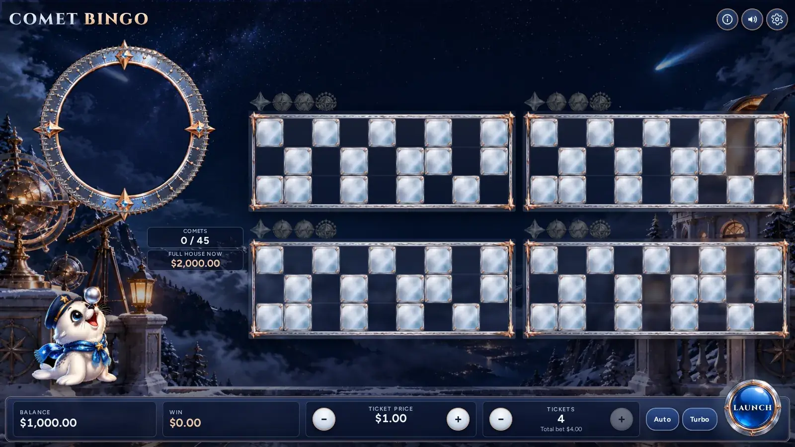 Comet Bingo observatory with the armillary ring, the seal pup mascot and four 90-ball tickets