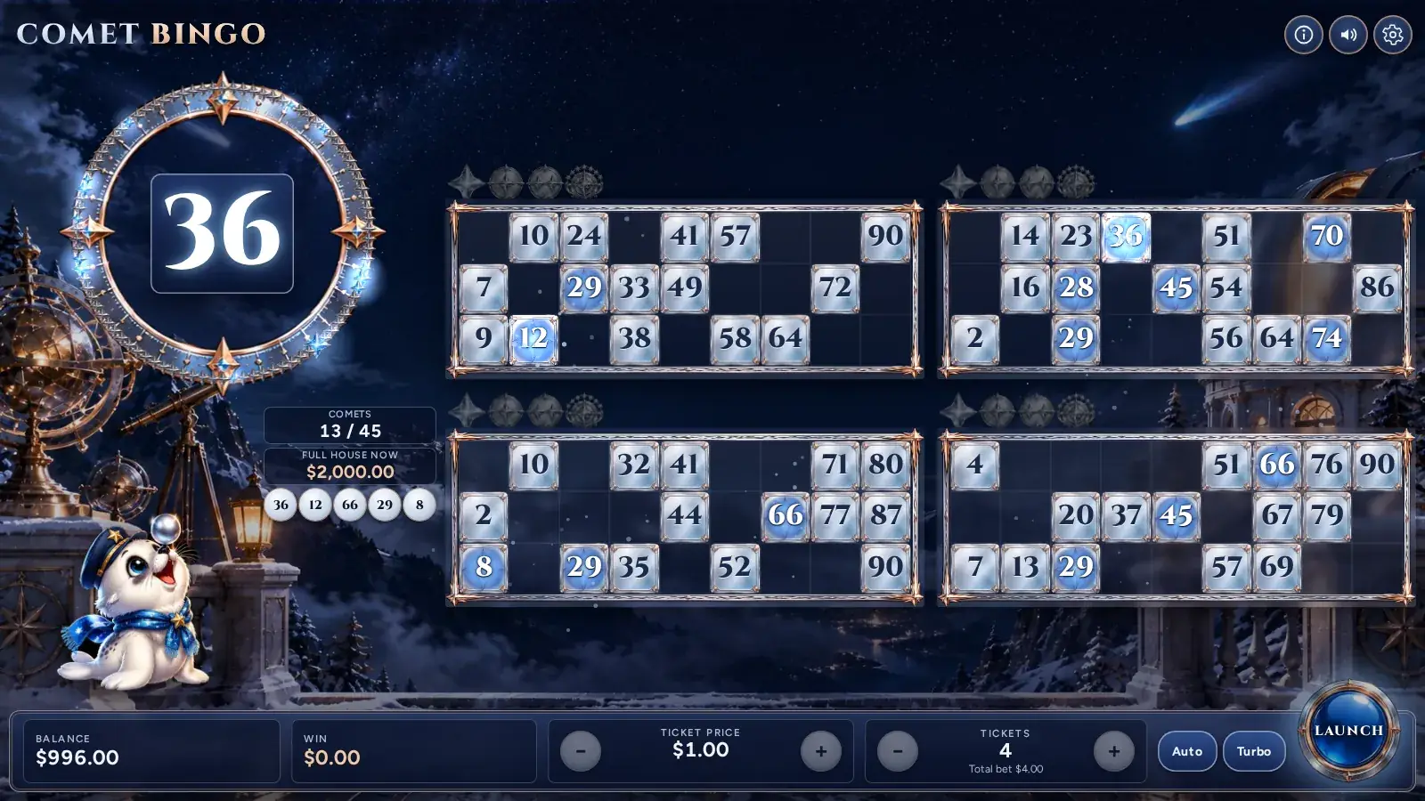 Comet Bingo mid-game, comets flying to their numbers and marked squares glowing on the tickets