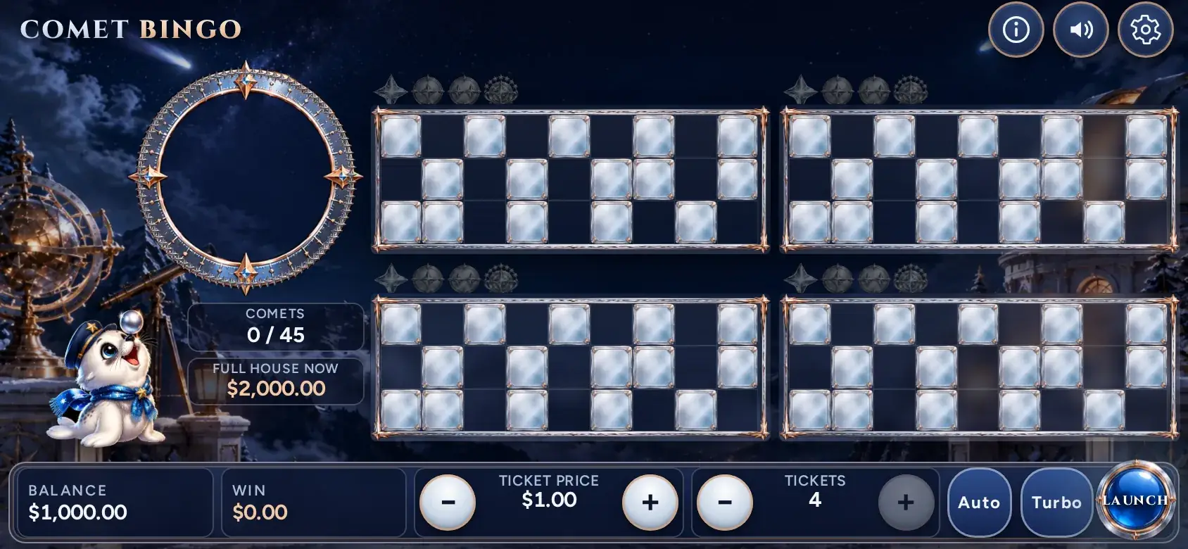 Comet Bingo in landscape on a phone, comet ring on the left and four tickets on the right