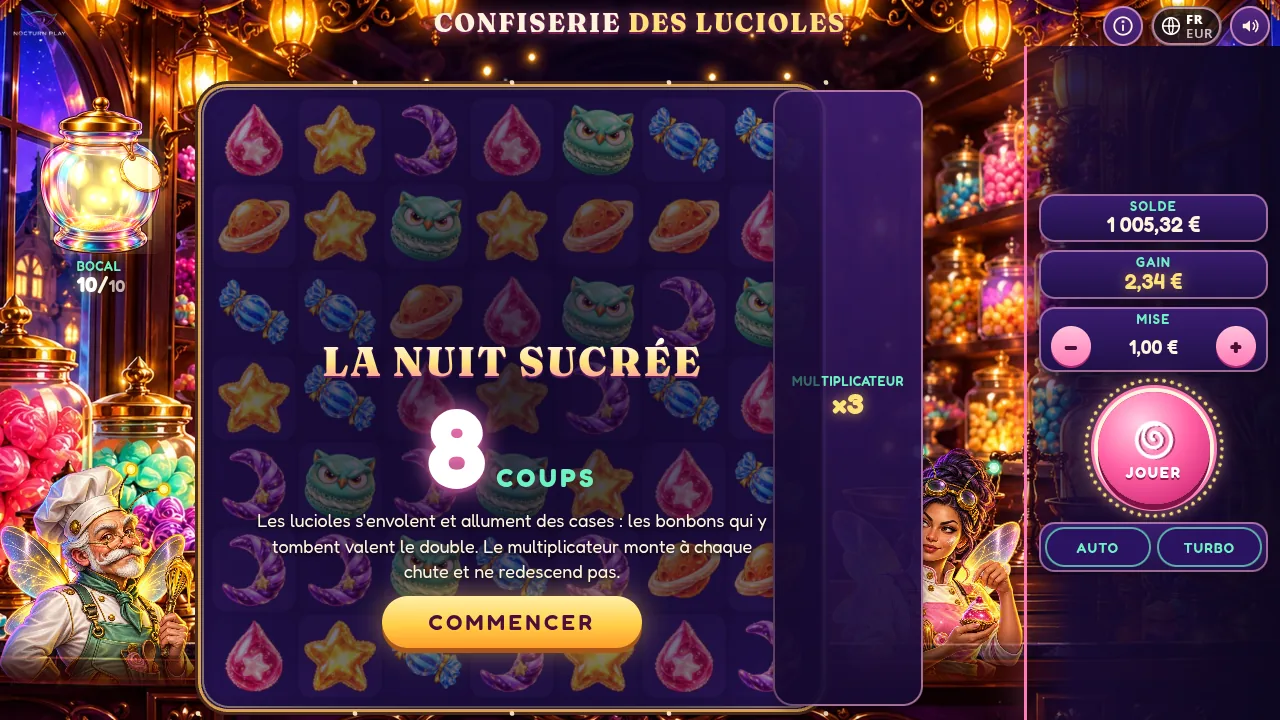 Schermata di avvio della Sugar Night in Firefly Sweets, 8 mosse