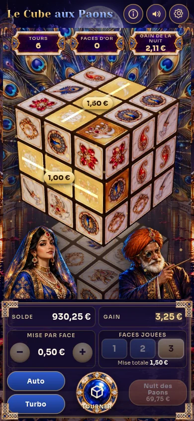 Peacock Night on mobile with several squares of the cube already gold, two winning lines drawn and the night counters at the top