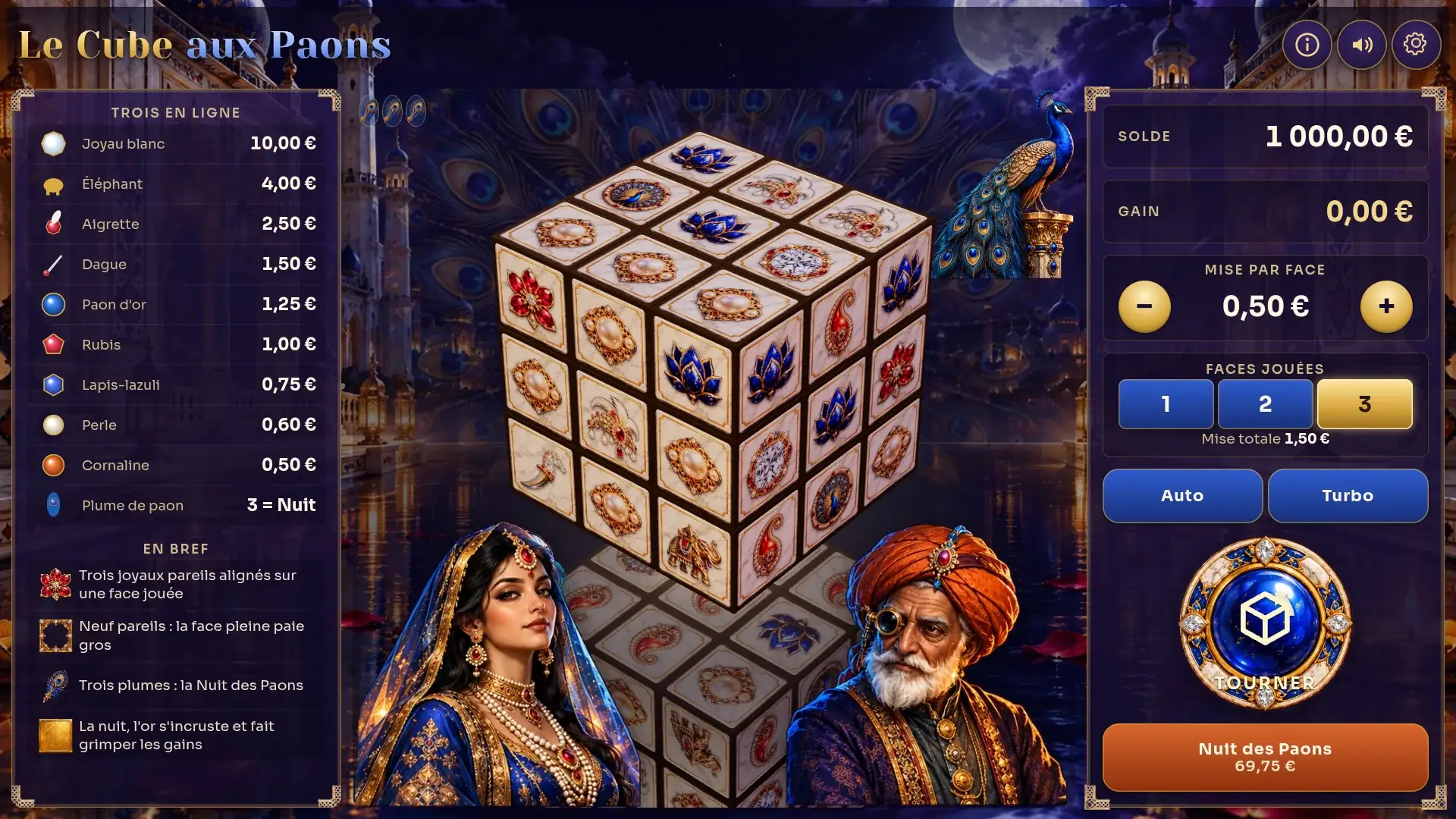 The Peacock Cube at rest on a computer: paytable on the left, the jewel cube in the centre, the princess and the jeweller below it, bet per face and faces 1, 2, 3 on the right