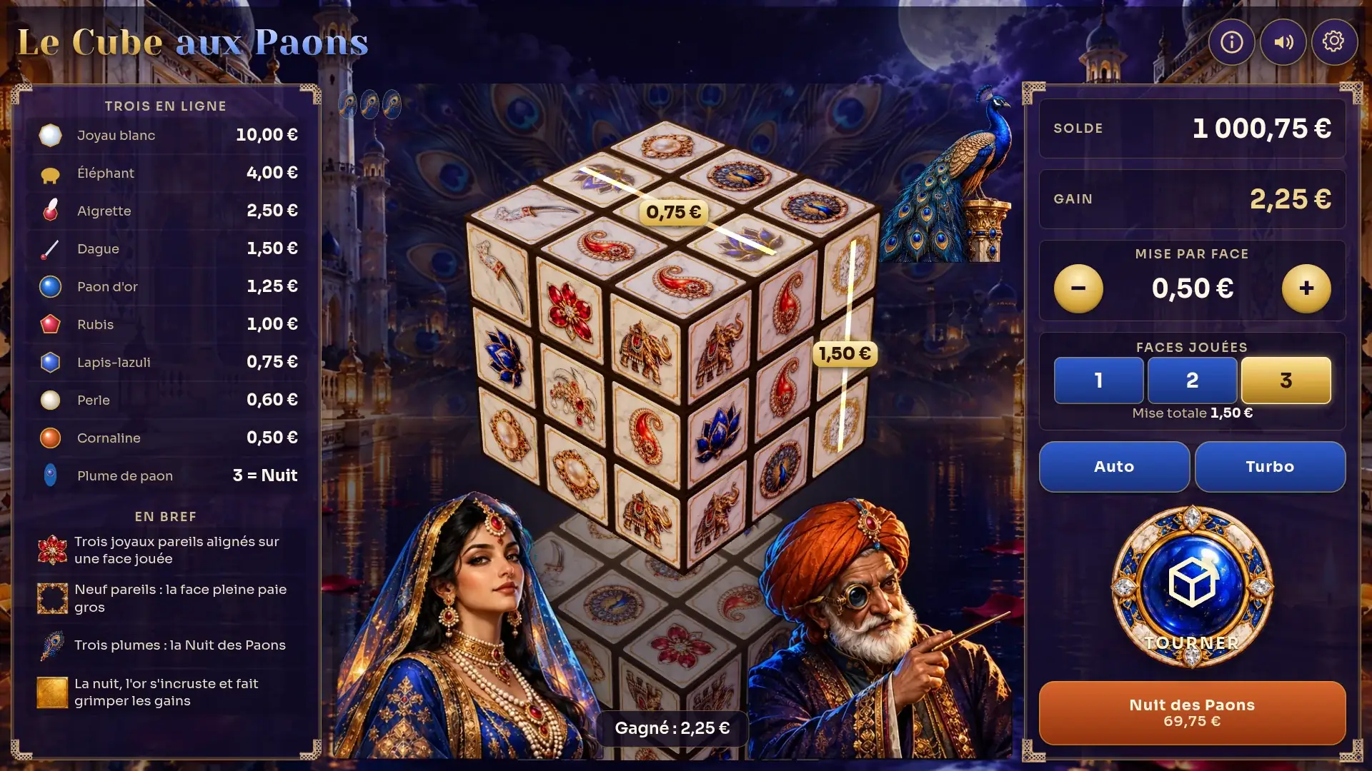 A win in The Peacock Cube on desktop: two golden lines drawn across the top and right faces of the cube with their amounts, and the Won banner underneath