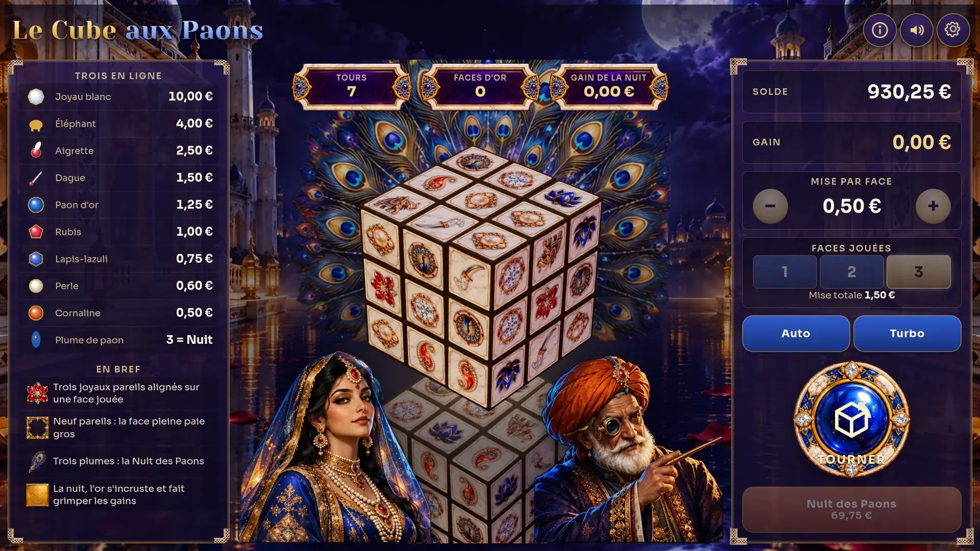 Peacock Night on a large screen: spins, gold faces and night win counters above the cube, with a fan of peacock feathers spread behind it