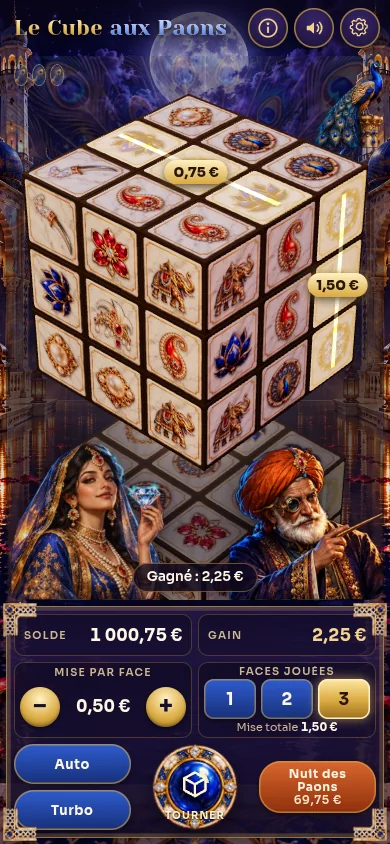 A win in The Peacock Cube on a phone, the princess in her blue sari holding a diamond up beneath the cube
