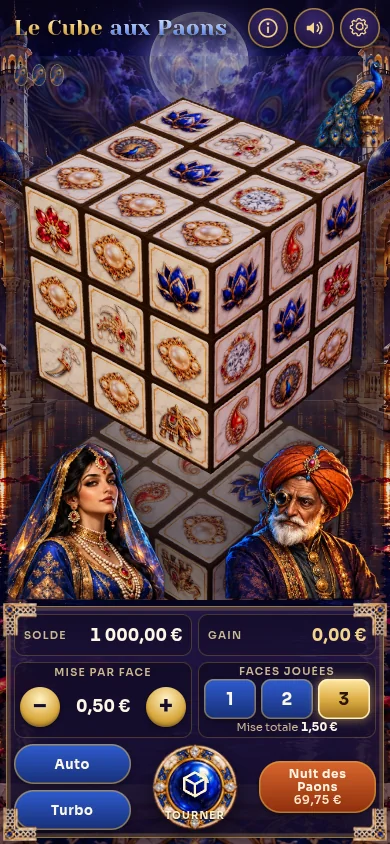 The Peacock Cube on a phone held upright, the cube at the top, the princess in a blue sari and the old jeweller in an orange turban below, controls along the bottom