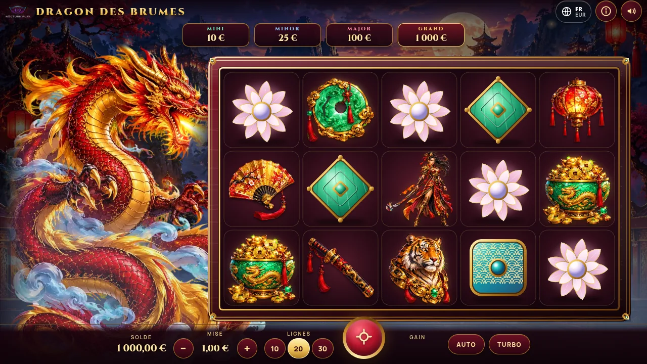 Mist Dragon, rulli 5×3 con il drago rosso accanto al tempio illuminato dalle lanterne