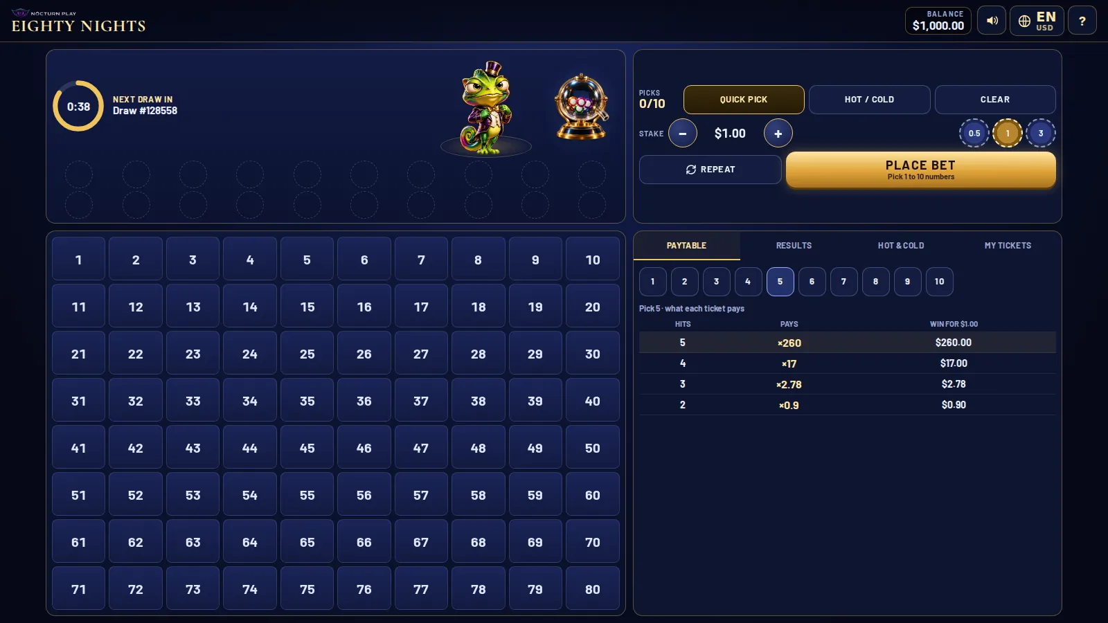Eighty Nights keno board with numbers 1 to 80, the draw countdown and the chameleon host