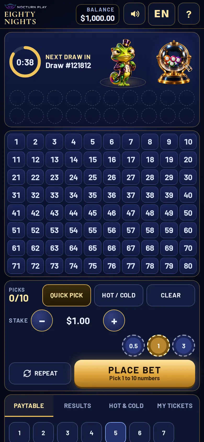 Eighty Nights keno on a phone held upright, the board under the countdown