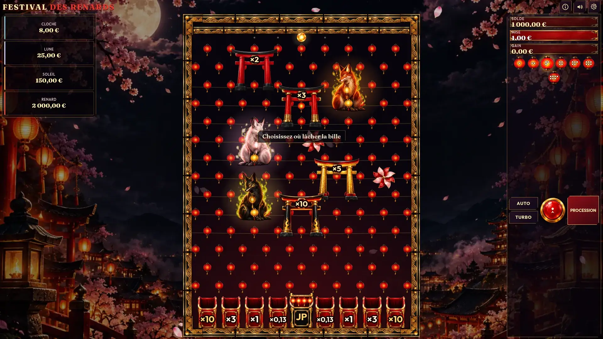 Fox Festival board with red lanterns, torii gates marked x2 to x10, three spirit foxes and nine pockets at the bottom