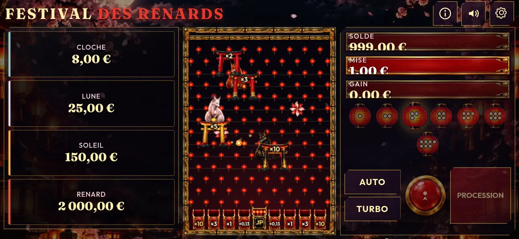 Fox Festival num telemóvel na horizontal, com os quatro jackpots à esquerda e o tabuleiro ao centro