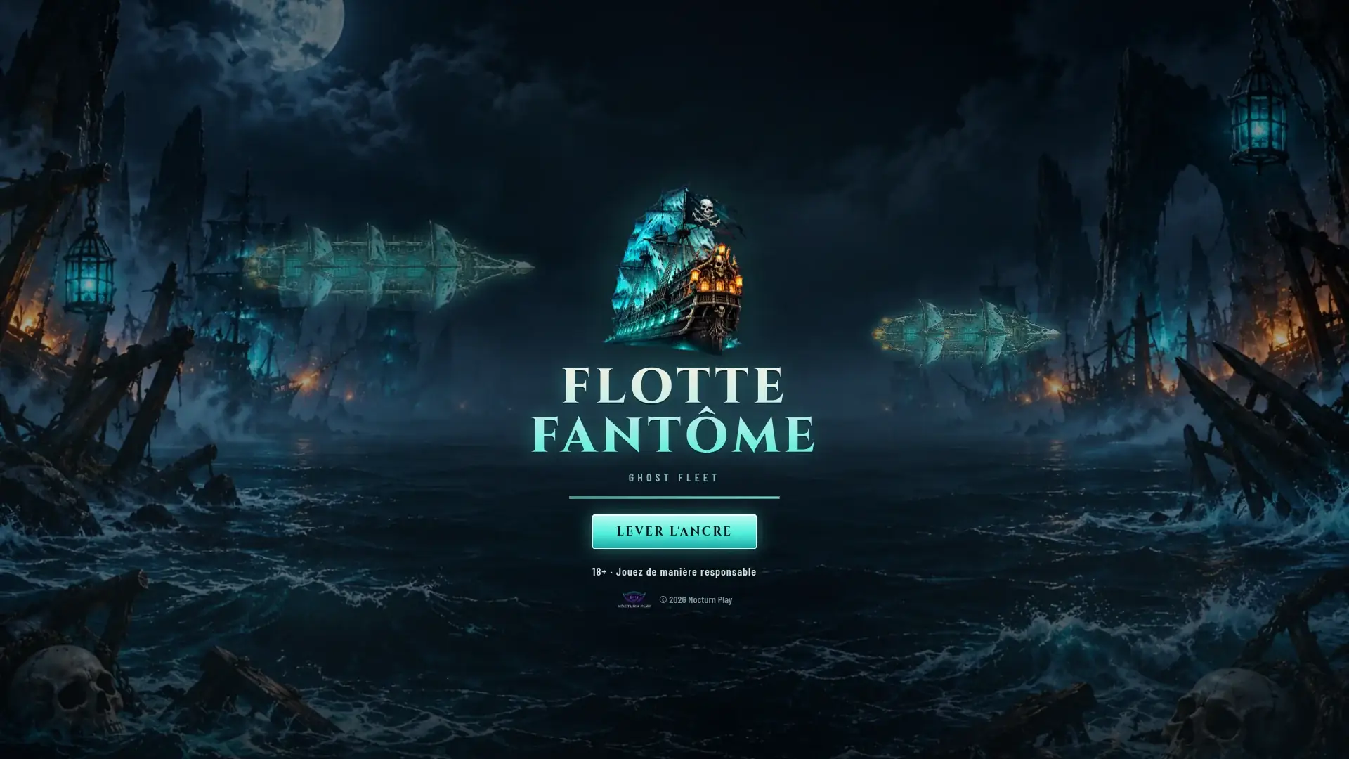 Ghost Fleet launch screen on a computer: the ghost galleon flying a skull flag above the title, wrecks and lanterns on a stormy night sea