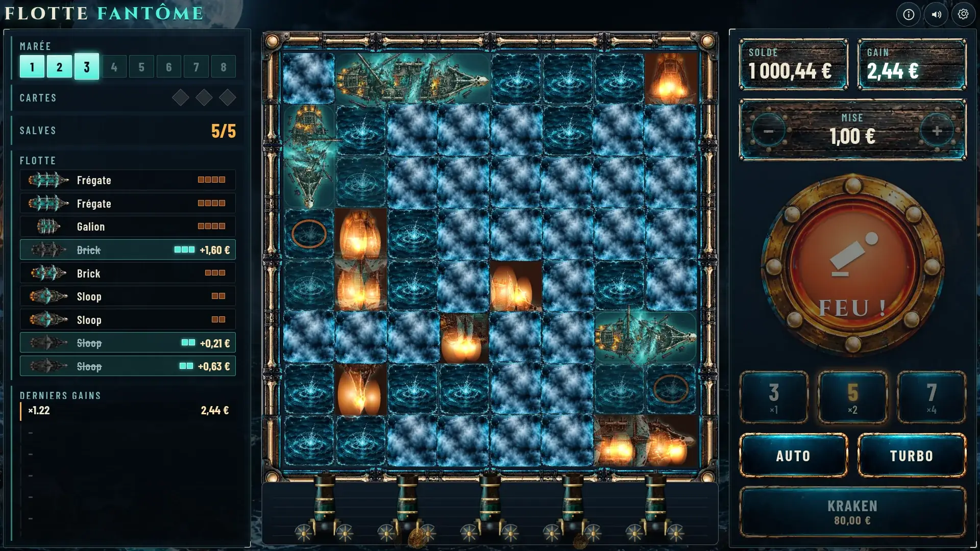 Ghost Fleet round on desktop: the 8×8 chart in its brass frame, the fleet list on the left, the Tide at ×3 and the round fire button on the right