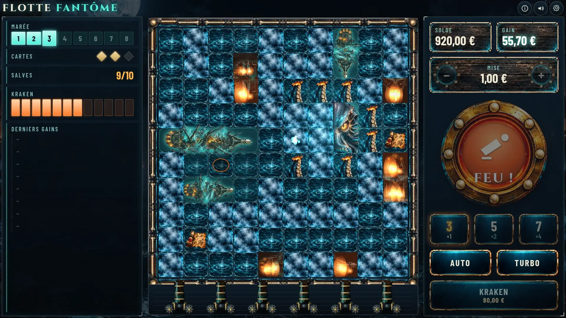 Kraken Hunt on desktop: the 10×10 chart with the Kraken's head and tentacles in the middle and the tentacle counter on the left