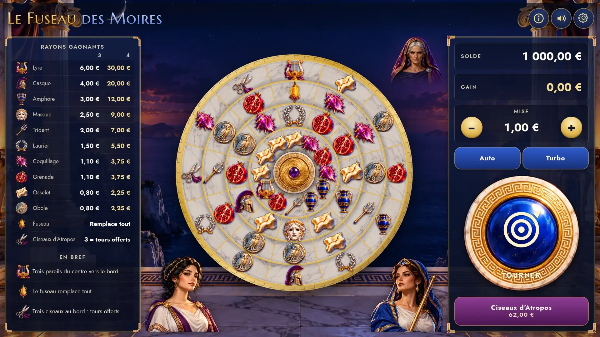 The Spindle of the Fates at rest on a computer: winning rays paytable on the left, the round four-ring board, Atropos top right, Clotho and Lachesis below, purple Atropos' Shears button