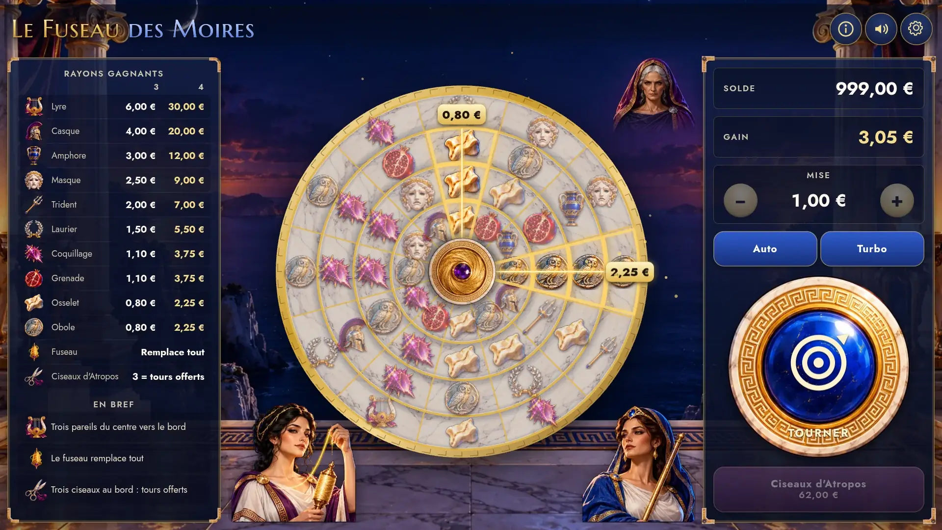 A win in The Spindle of the Fates on desktop: two rays lit up in gold with their amounts while Clotho raises her golden distaff