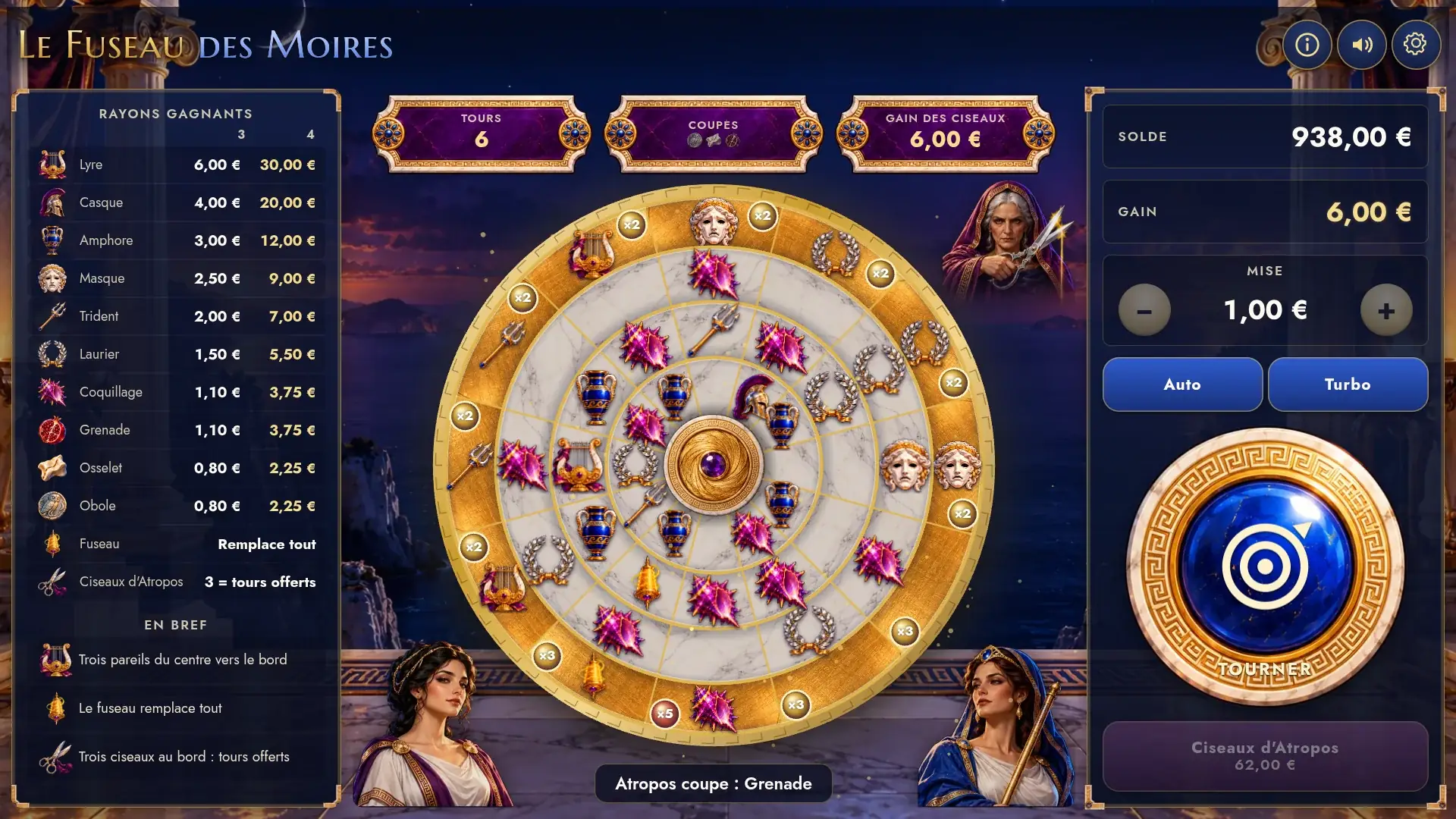 Free spins on a large screen: the golden outer ring marked ×2, ×3 and ×5, spins, cut and shears win counters, and the message Atropos cuts: Pomegranate