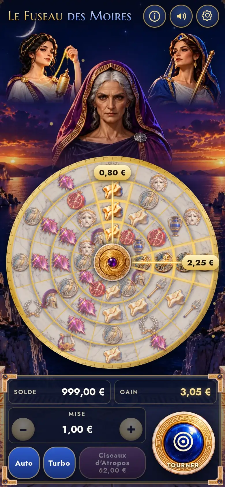 A win in The Spindle of the Fates on a phone, two golden rays running out from the central spindle while the three Fates look on