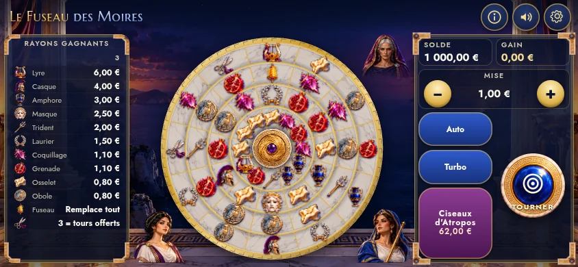 The Spindle of the Fates روی گوشی افقی: صفحه گرد در وسط و ستون‌های معبد و دریا در دو طرف