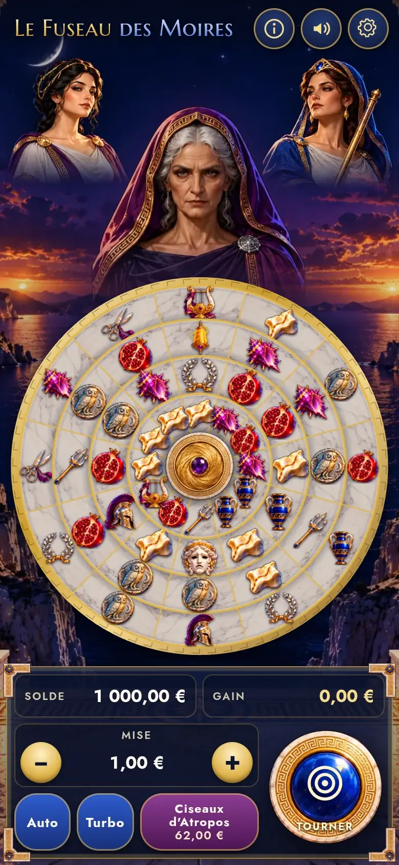 The Spindle of the Fates on a phone held upright, the three Fates above the board with Atropos in the middle and a sunset sea behind them