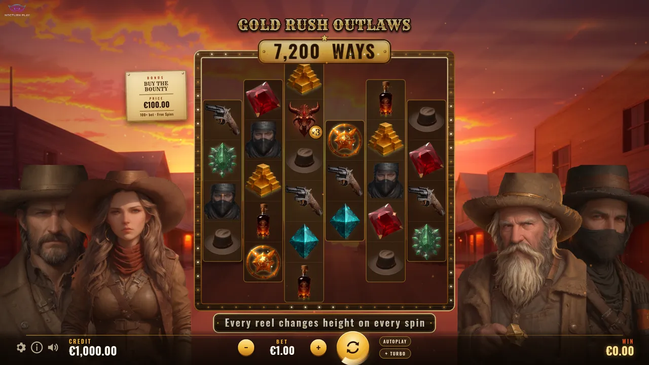 Gold Rush Outlaws slot with six reels of different heights