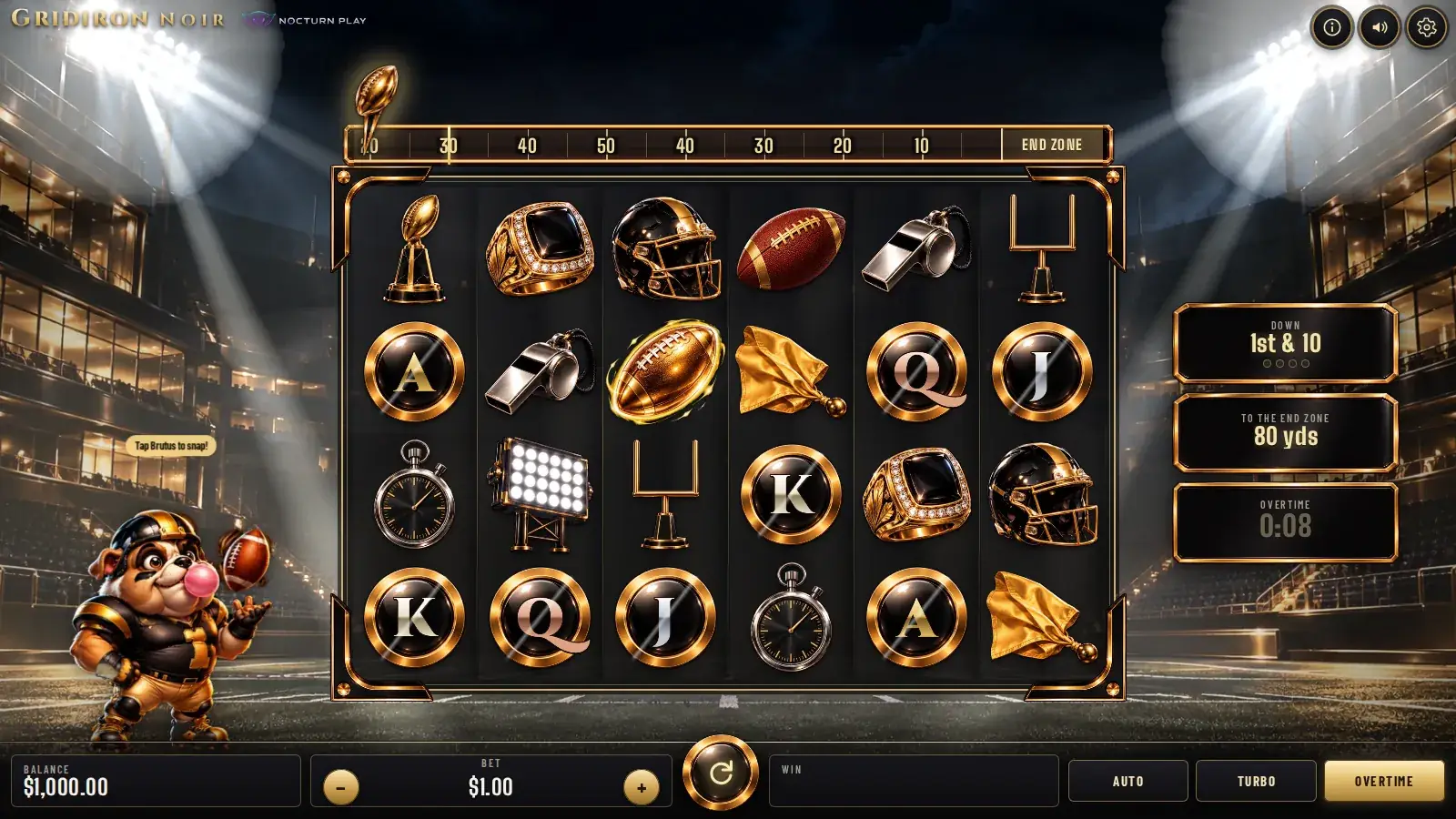 Gridiron Noir football slot, 6x4 reels of trophies, rings and helmets under stadium floodlights, the yard line on top and the down counter on the right
