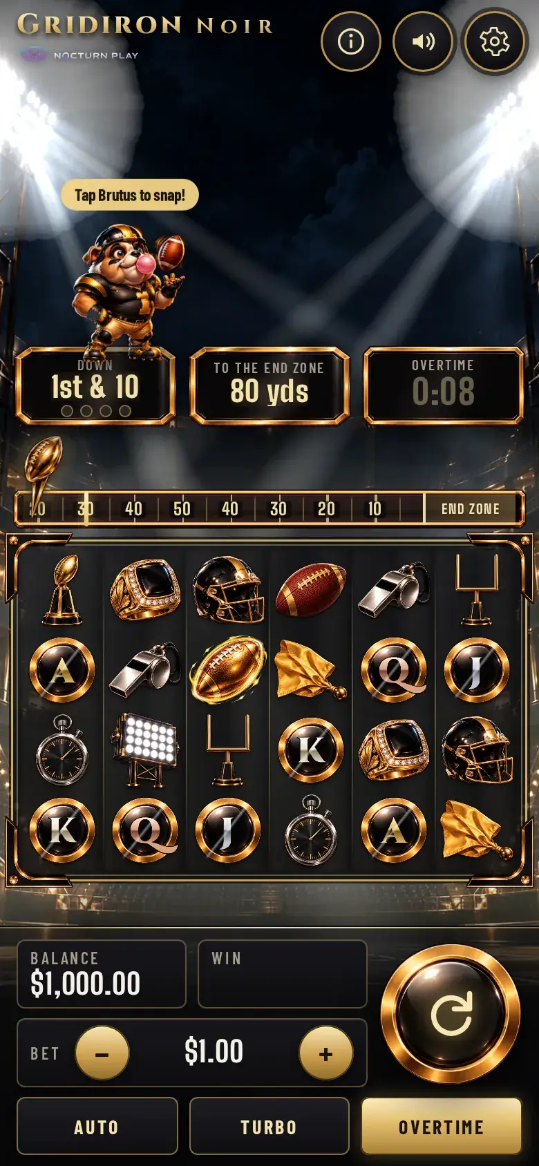 Gridiron Noir on an upright phone with Brutus the bulldog, the down and yards panels and the 6x4 grid