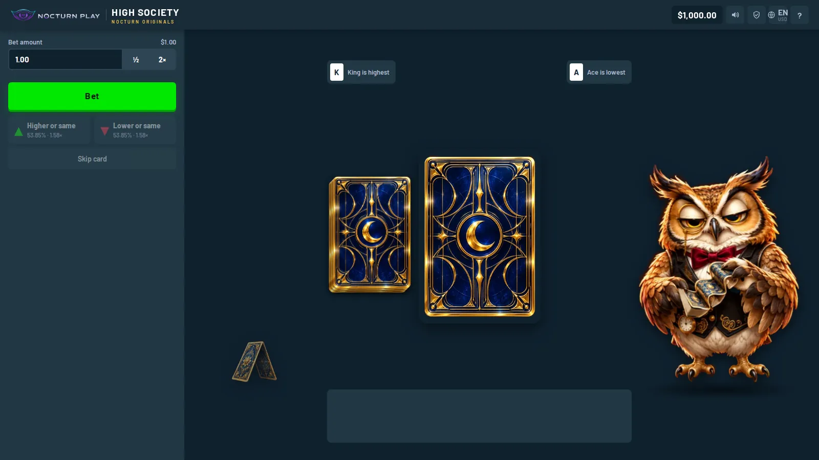 High Society Hi-Lo card game, Hoot the owl dealing in a dark wood card club with a moonlit Paris window