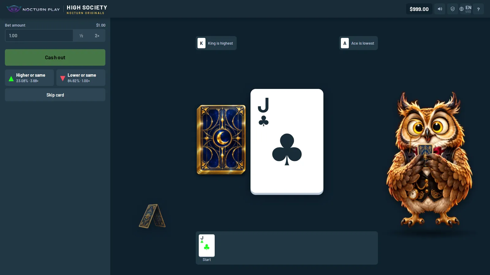 High Society round in progress with the current card, the Higher or same and Lower or same buttons and the card history