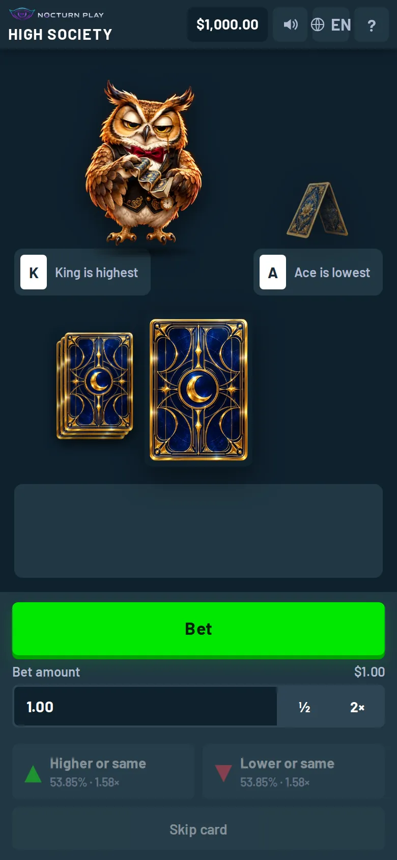 High Society on a phone held upright, the card table under Hoot and the guess buttons at the bottom