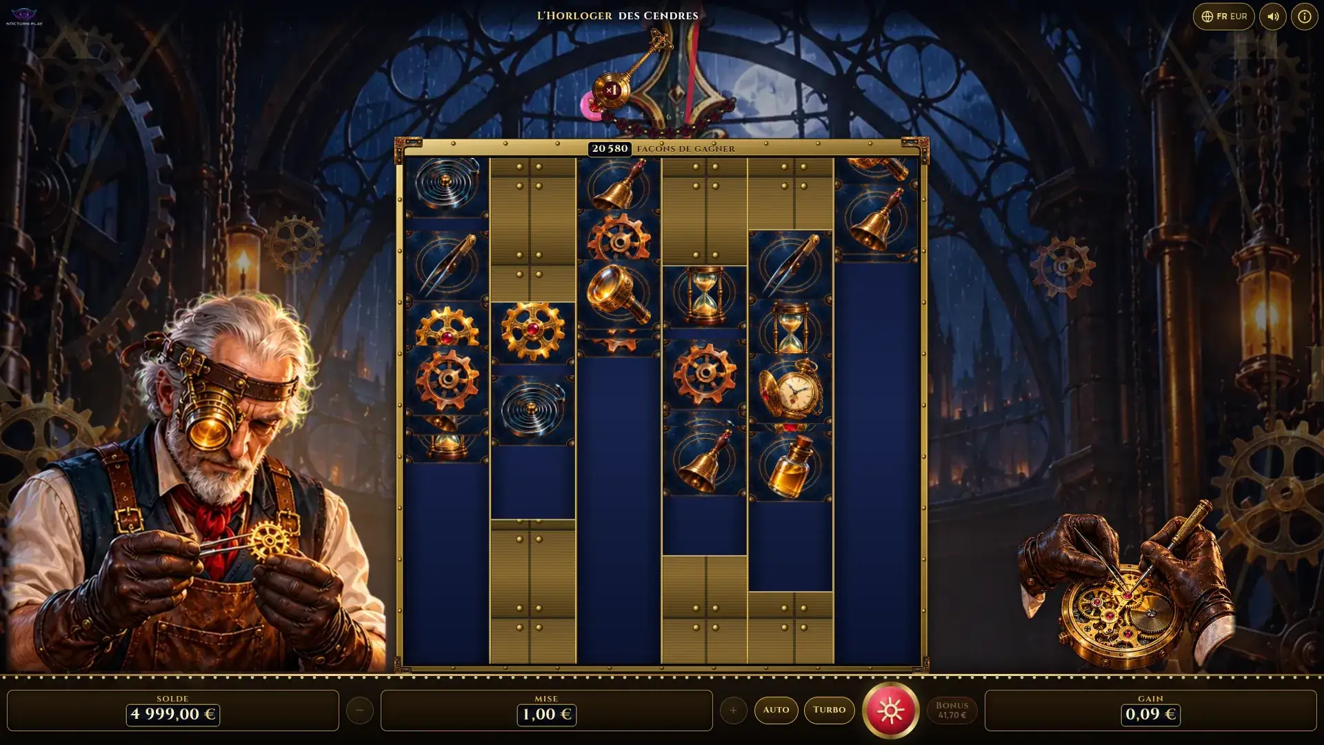 The Cinder Clockmaker cascade in progress, new symbols dropping into the reels and the ways counter above them