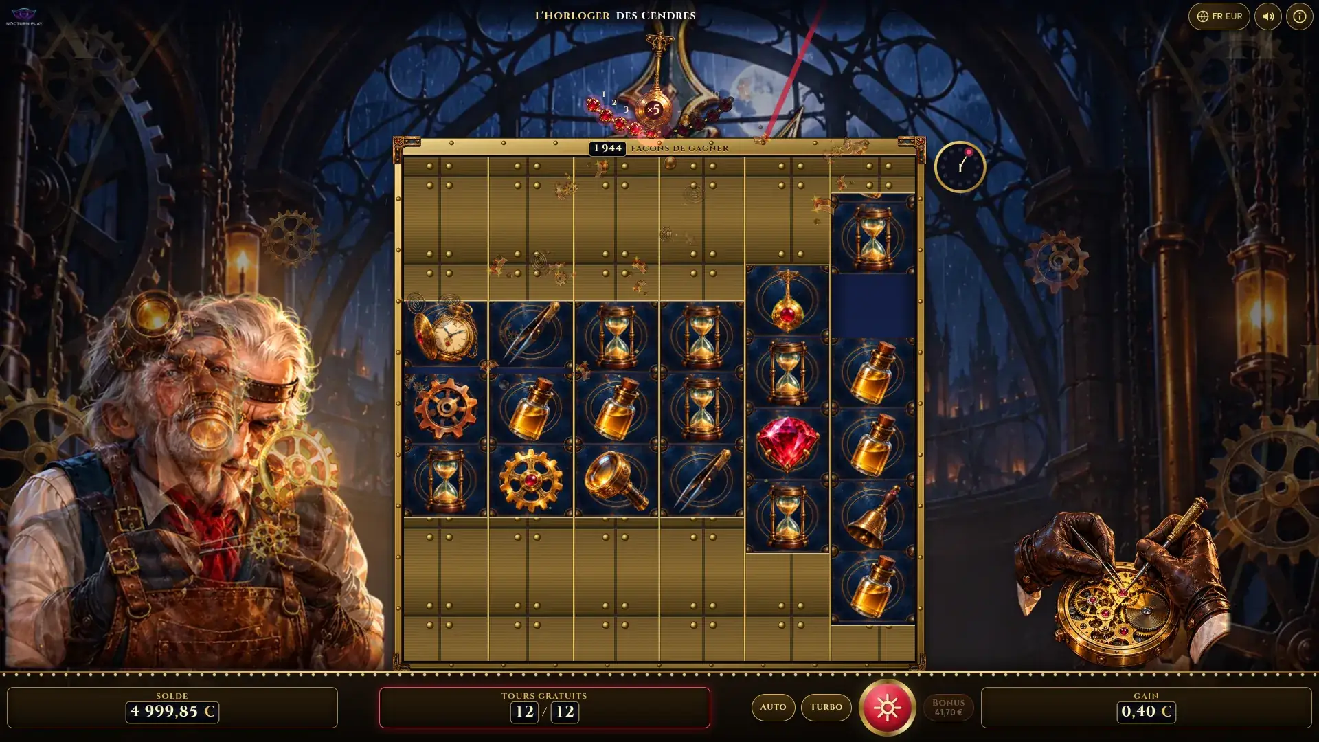 The Cinder Clockmaker free spins with the midnight clock dial at the top right of the reels