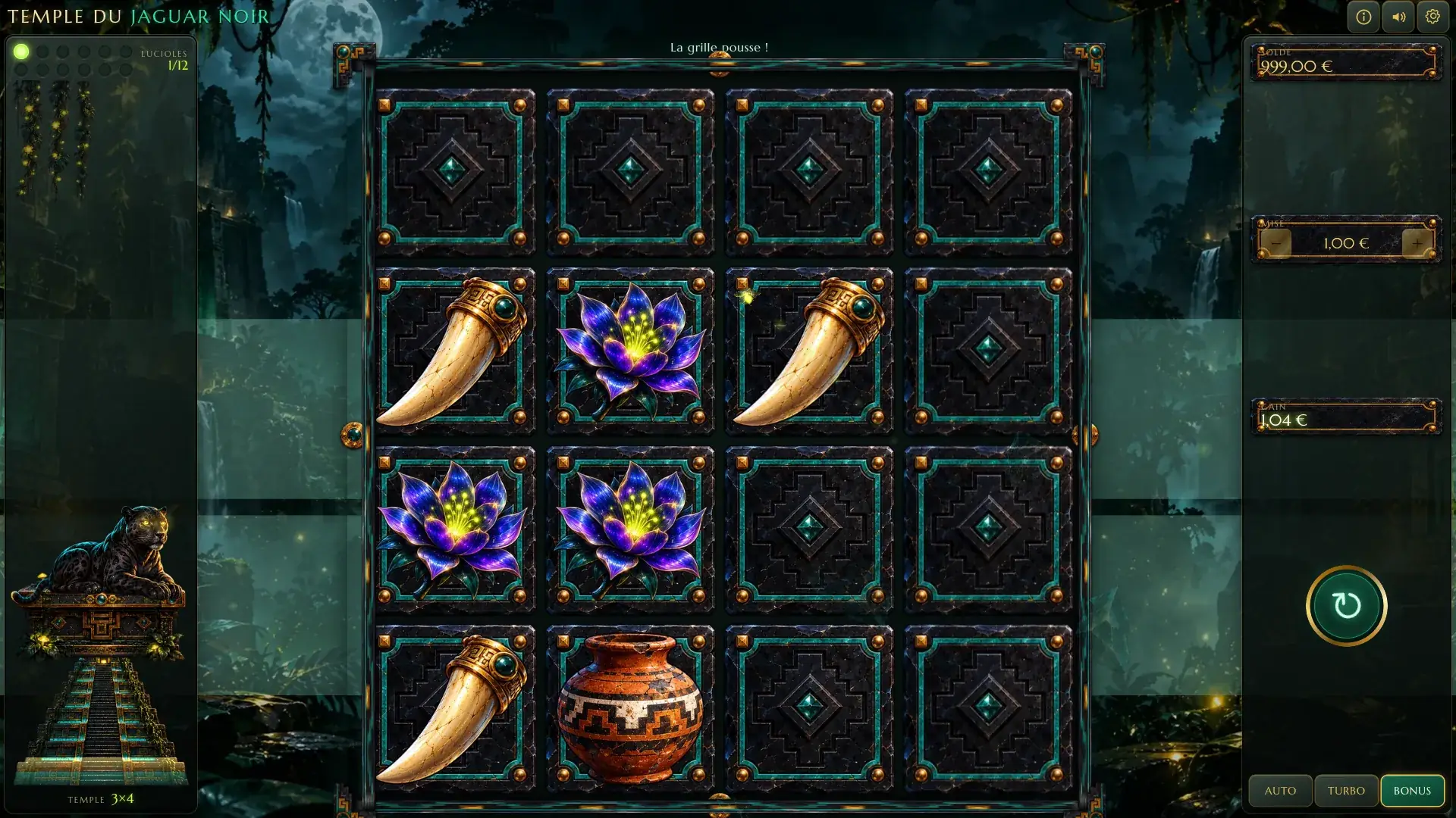 Black Jaguar Temple slot, small grid with jaguar fangs and night flowers, the black jaguar on its altar at the left