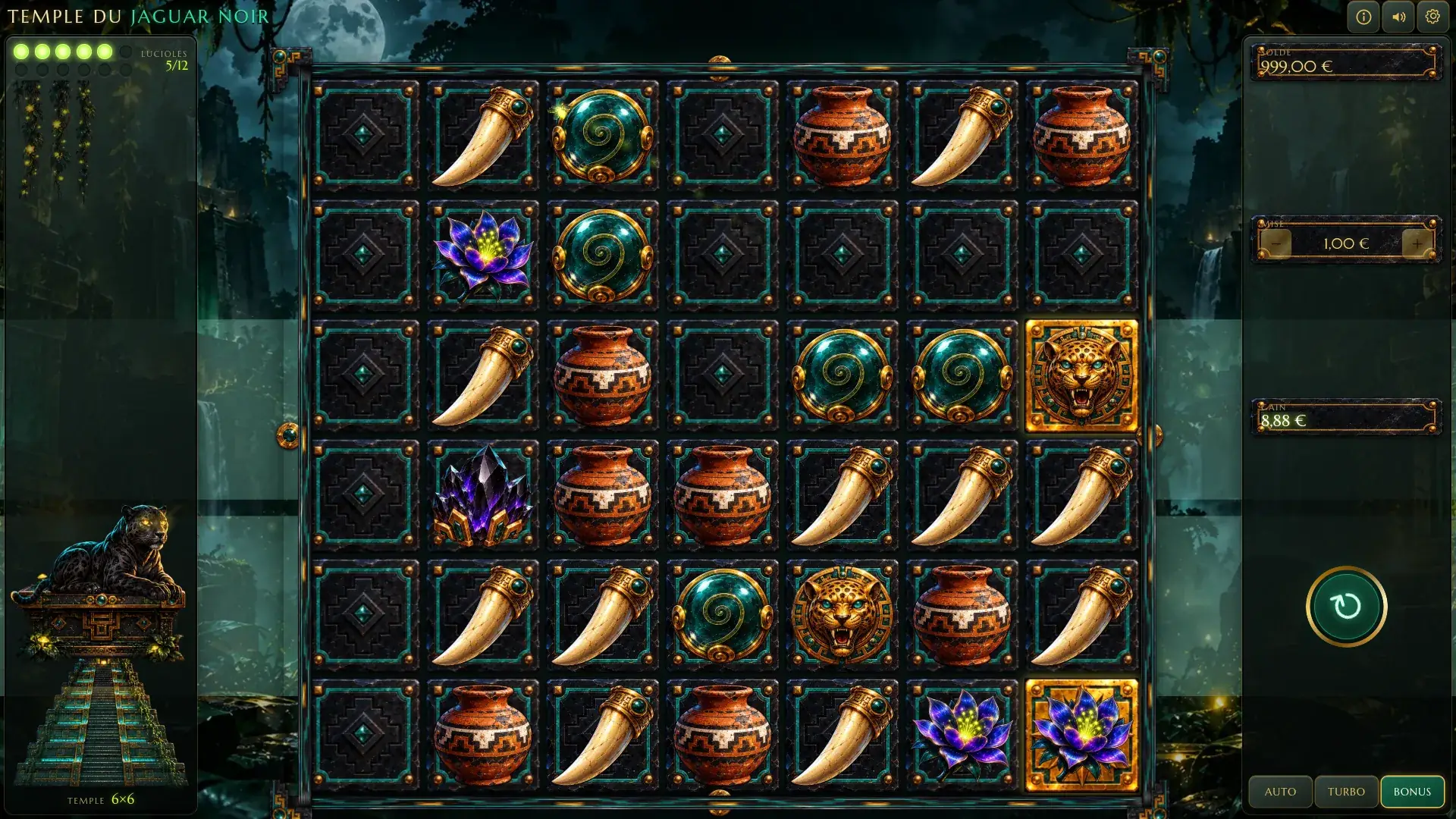 Black Jaguar Temple grid grown to 6x6 with golden cells under the winning symbols