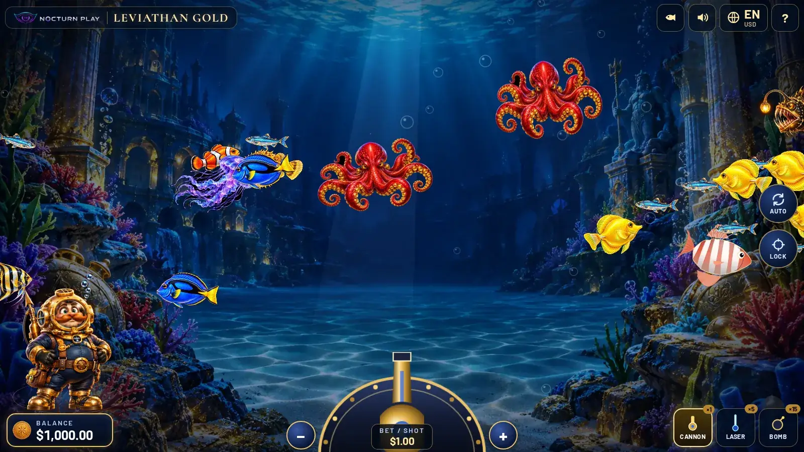 Leviathan Gold fish shooting game, clownfish, koi and a shark swimming through a sunken city above a golden twin cannon