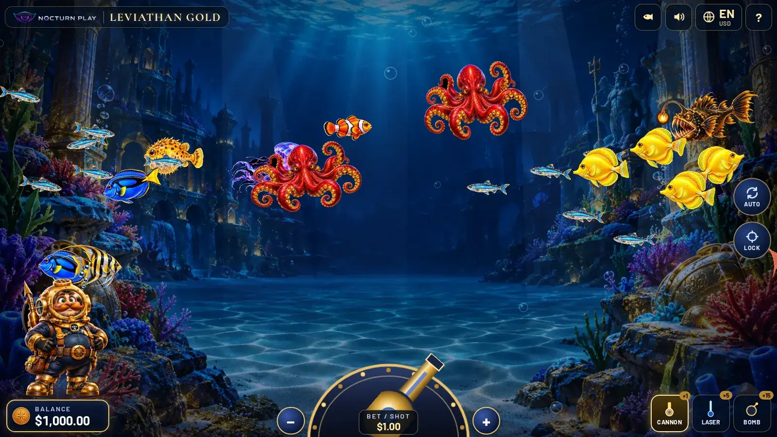 Leviathan Gold during play with shots fired at a school of fish and a catch being paid