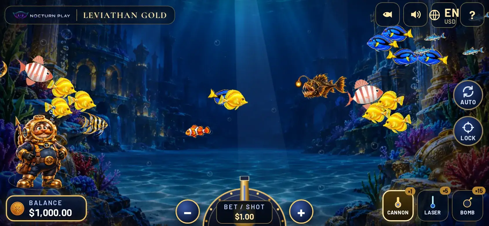 Leviathan Gold on a phone held sideways with clownfish, yellow tangs and pufferfish around the cannon
