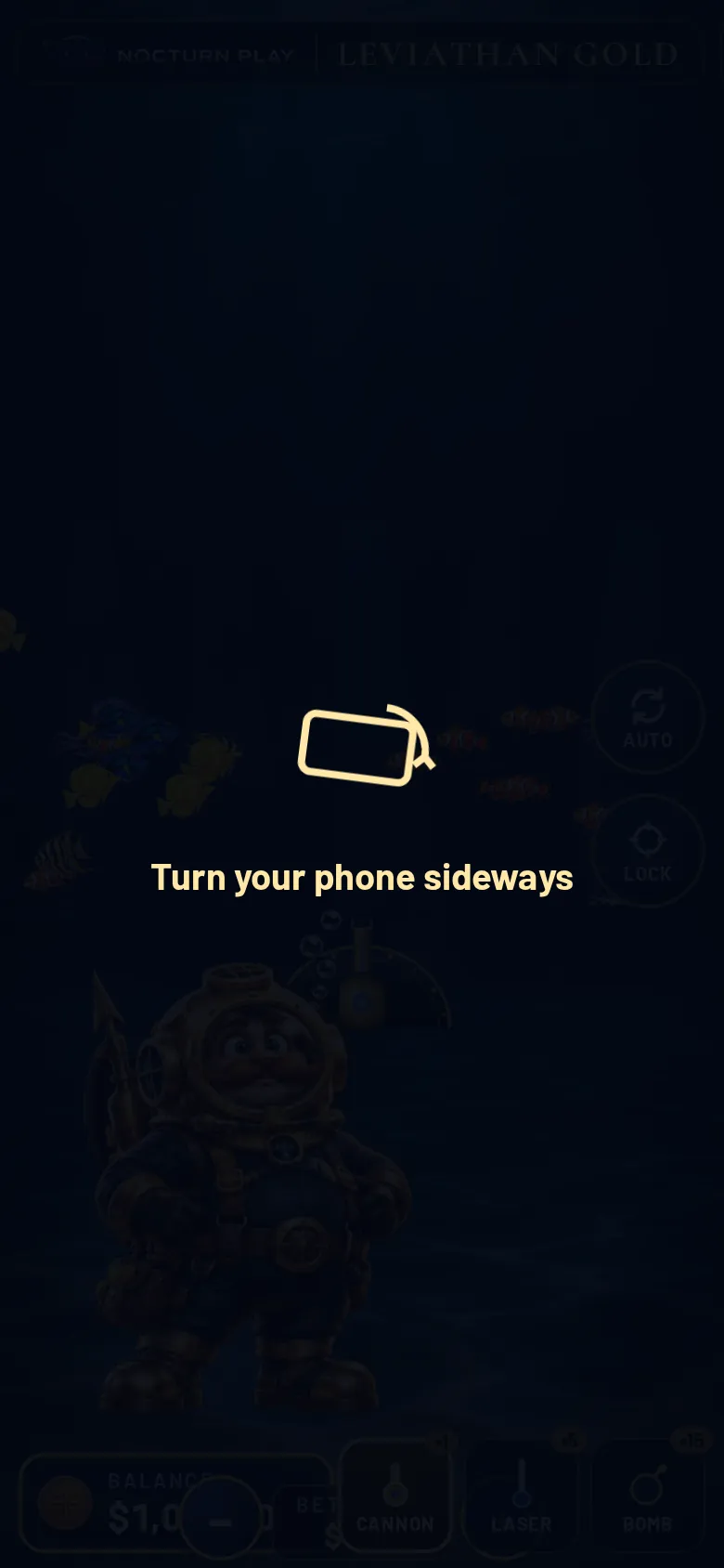 Leviathan Gold on an upright phone showing the prompt to turn the phone sideways