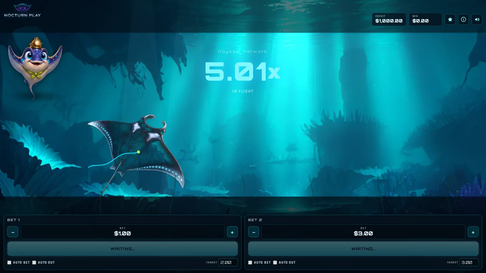 Lumen Drift underwater crash game, a glowing manta ray waiting at the bottom of a blue sea cave