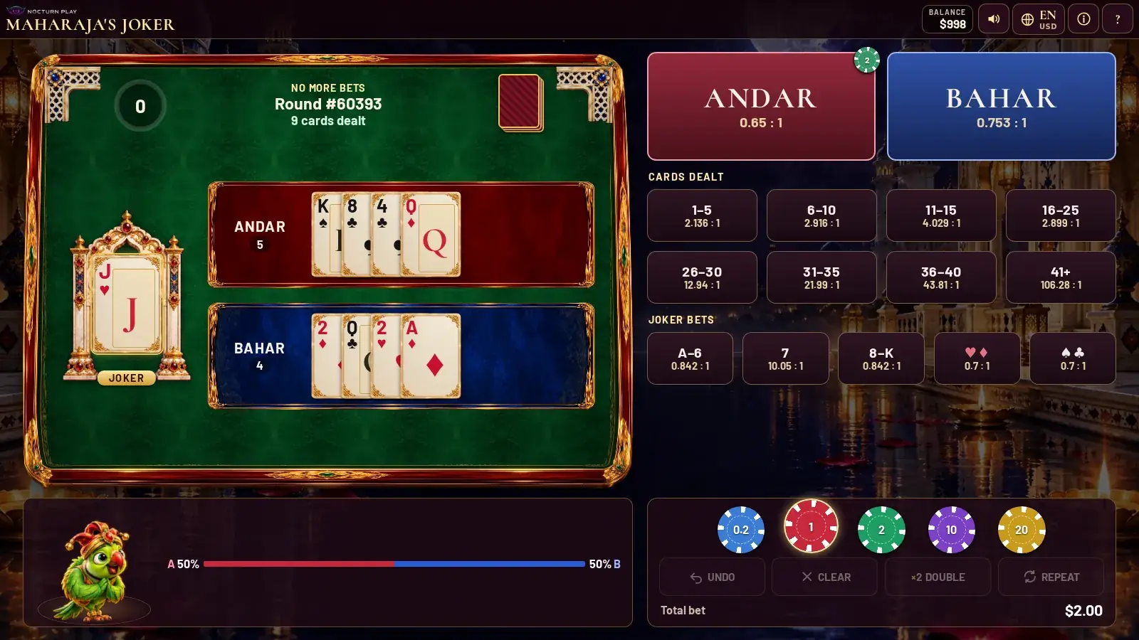 Maharaja's Joker betting phase with the Joker card, the Andar and Bahar lanes and the cards-dealt and Joker side bets