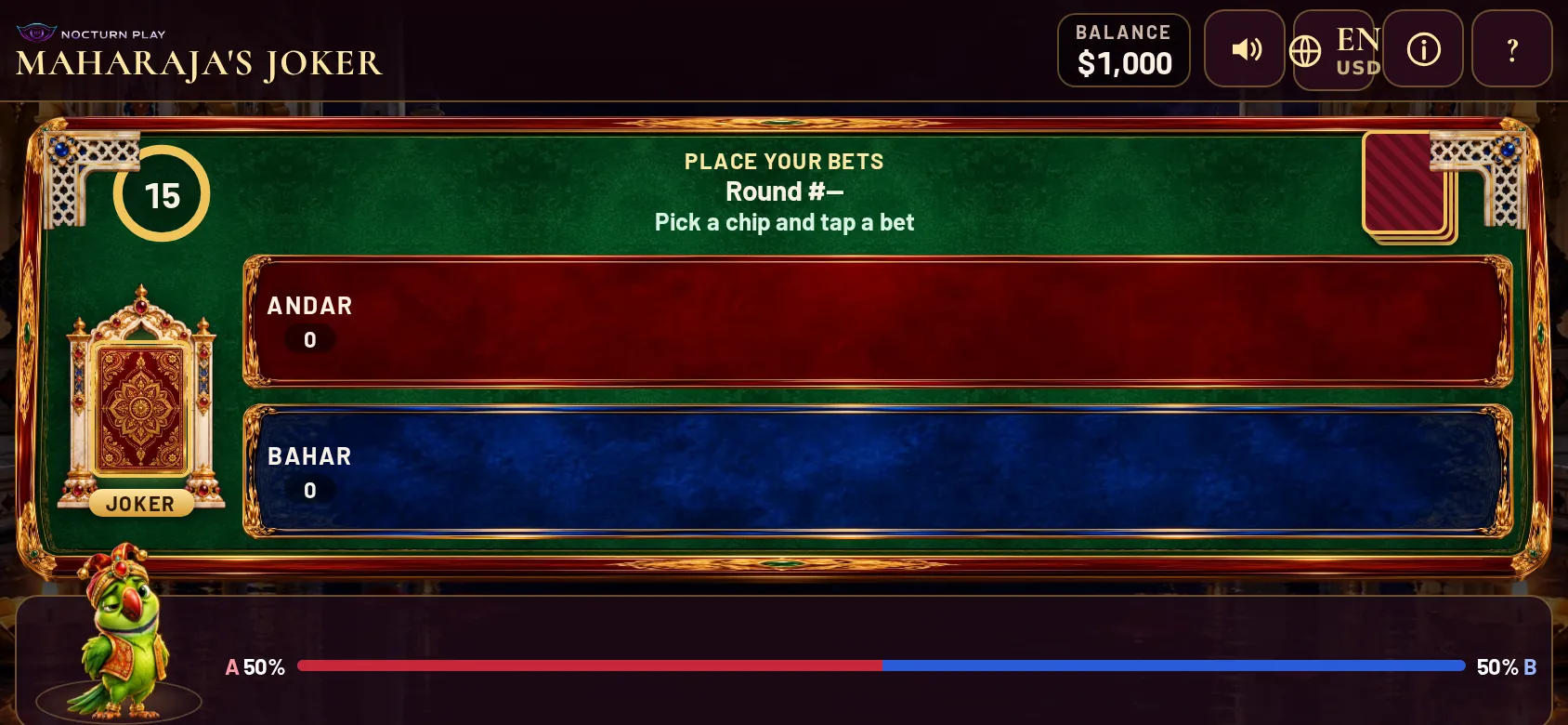Maharaja's Joker on a phone in landscape, the peacock fan opening behind the win plaque