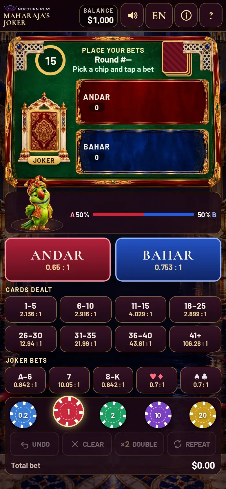 Maharaja's Joker on a phone held upright, the Joker in the centre and the chip rack underneath
