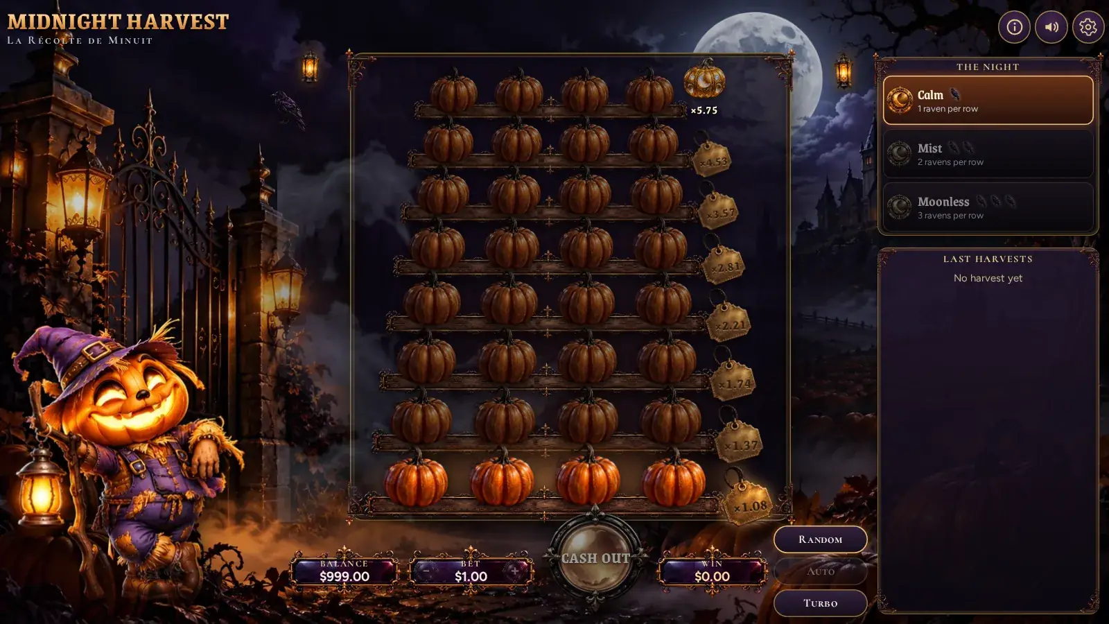 Midnight Harvest mid-climb, golden pumpkins uncovered on the first rows and the multiplier tags along the side