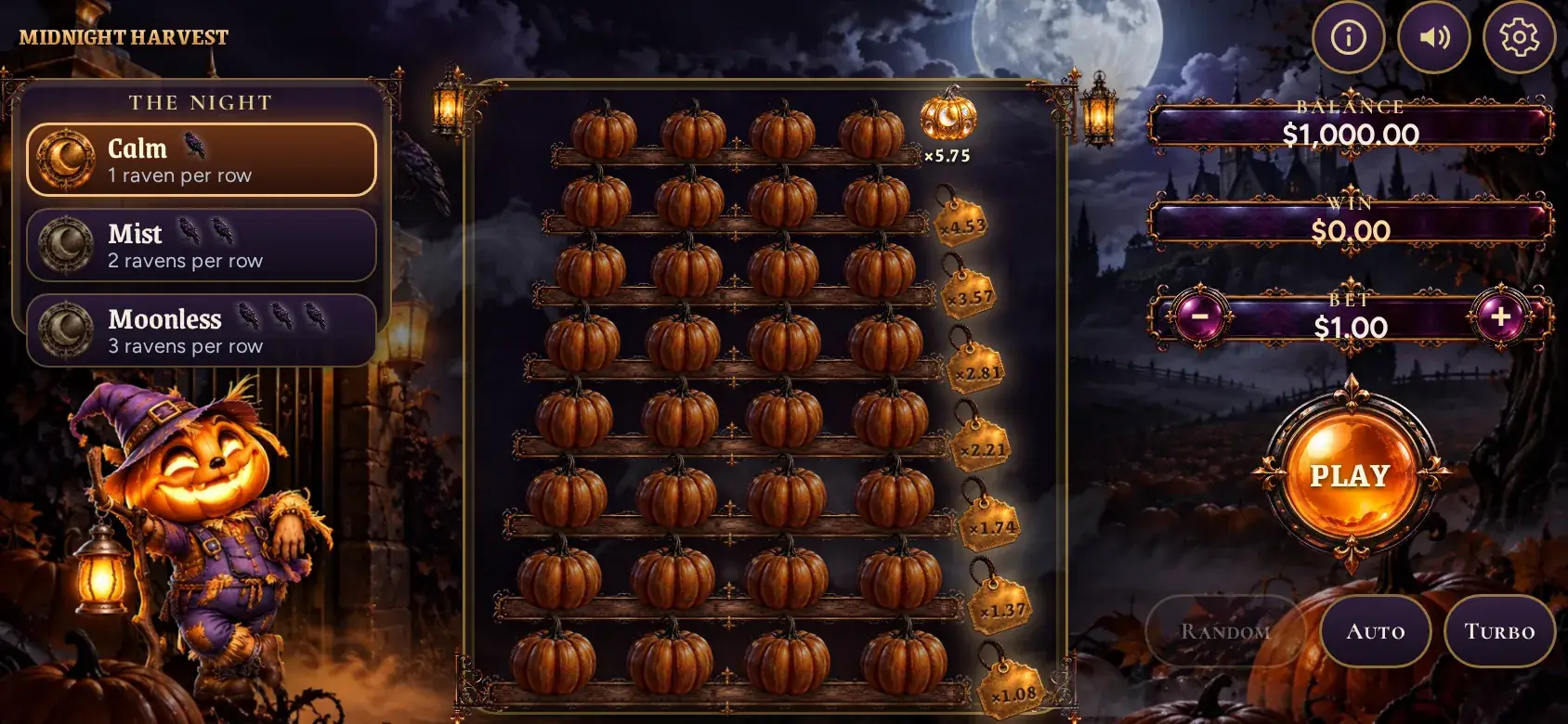Midnight Harvest in landscape with a lantern pumpkin chasing a raven away