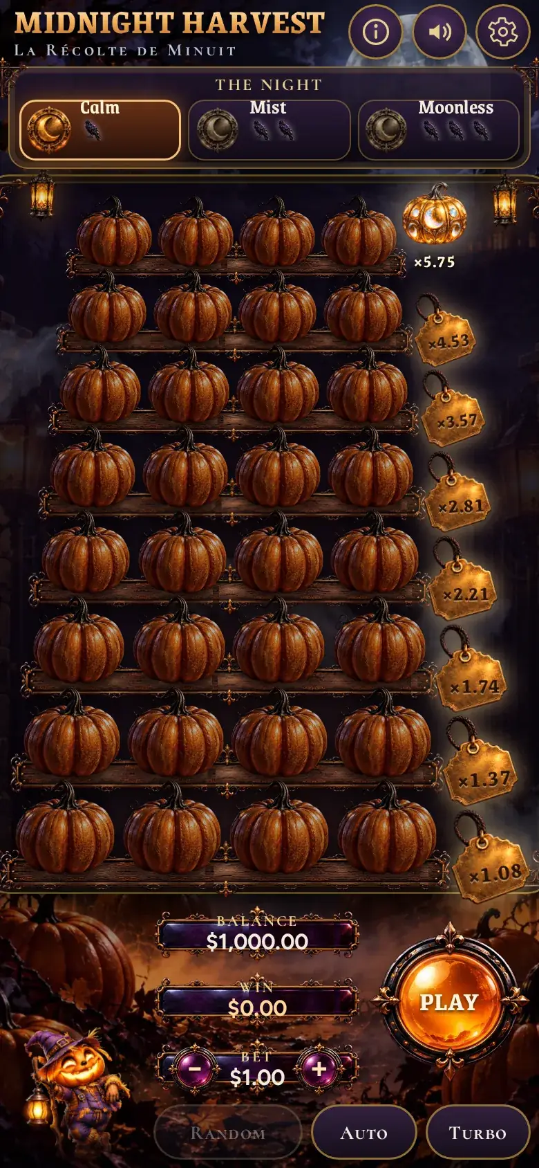Midnight Harvest on a phone held upright, the pumpkin field with the Play and Cash out buttons below